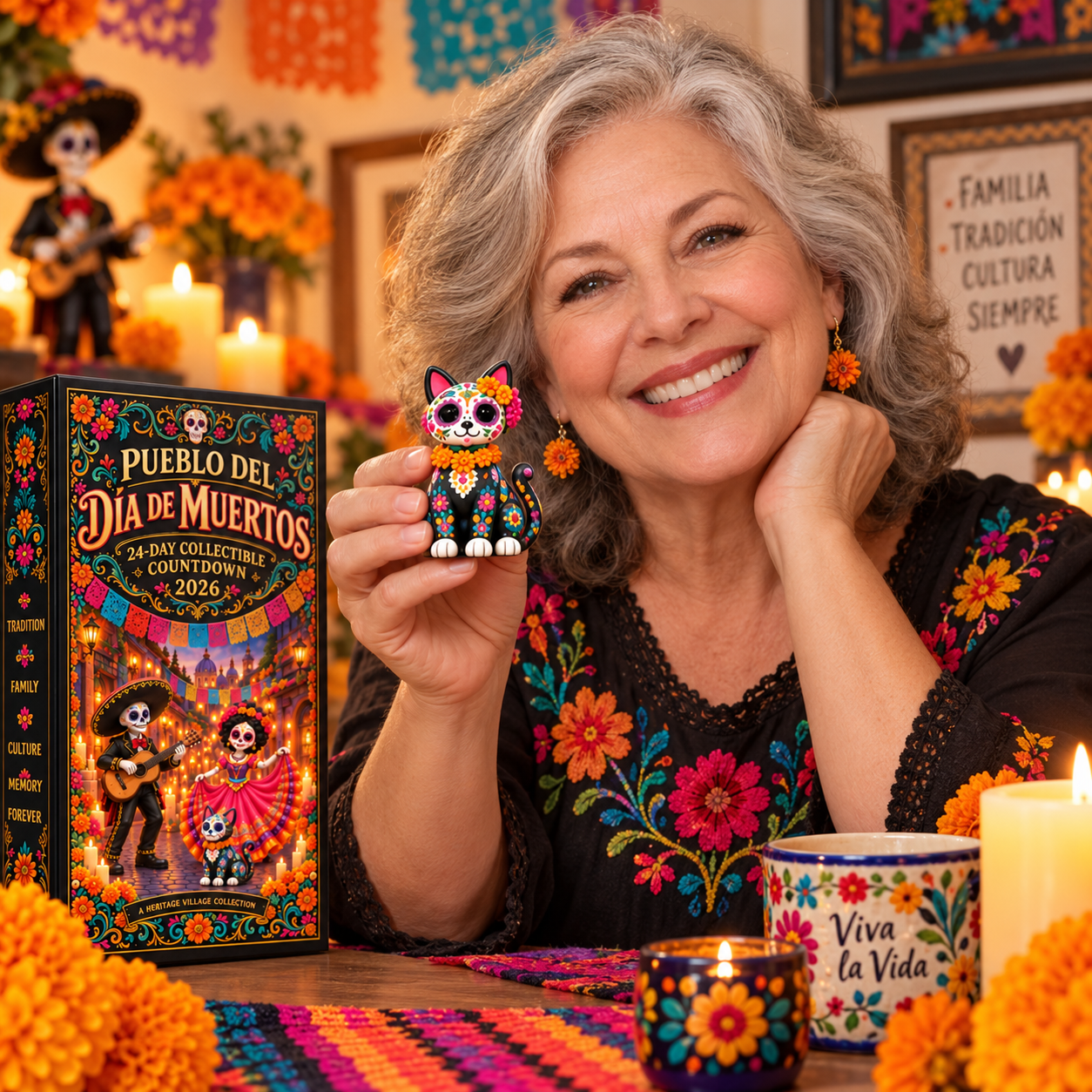 Woman holding a floral cat miniature beside the countdown box