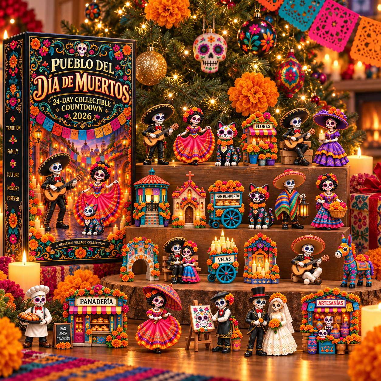 Collected village miniatures arranged in a festive home