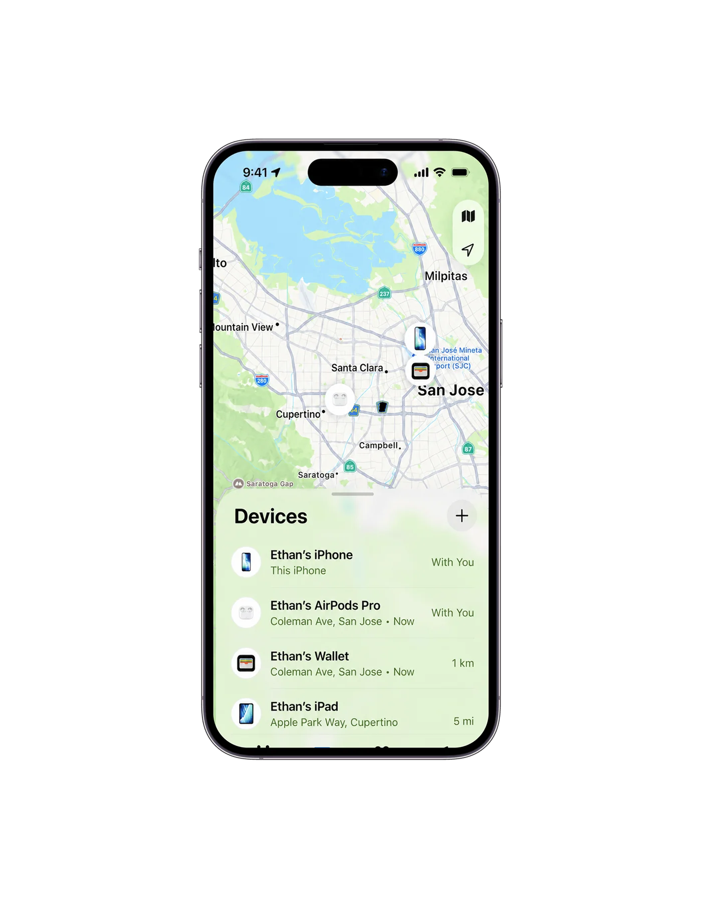 Find My app showing a wallet alongside other Apple devices