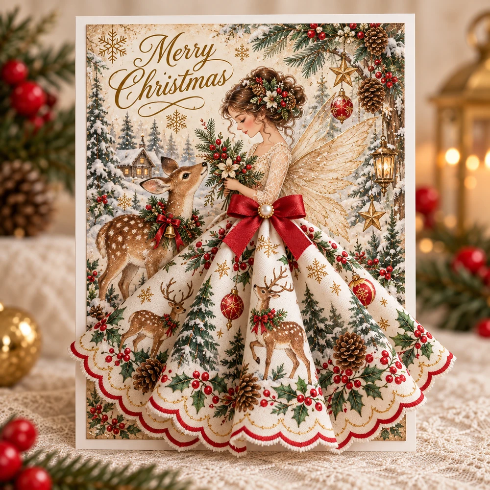 Deer 3D Christmas angel greeting card