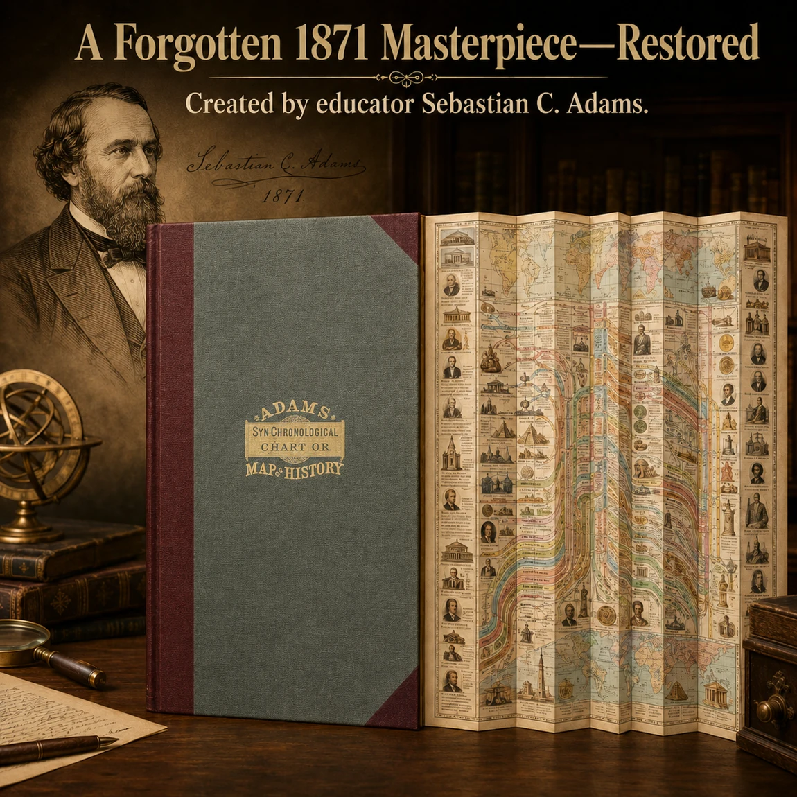 Adams history chart with portrait and vintage library presentation
