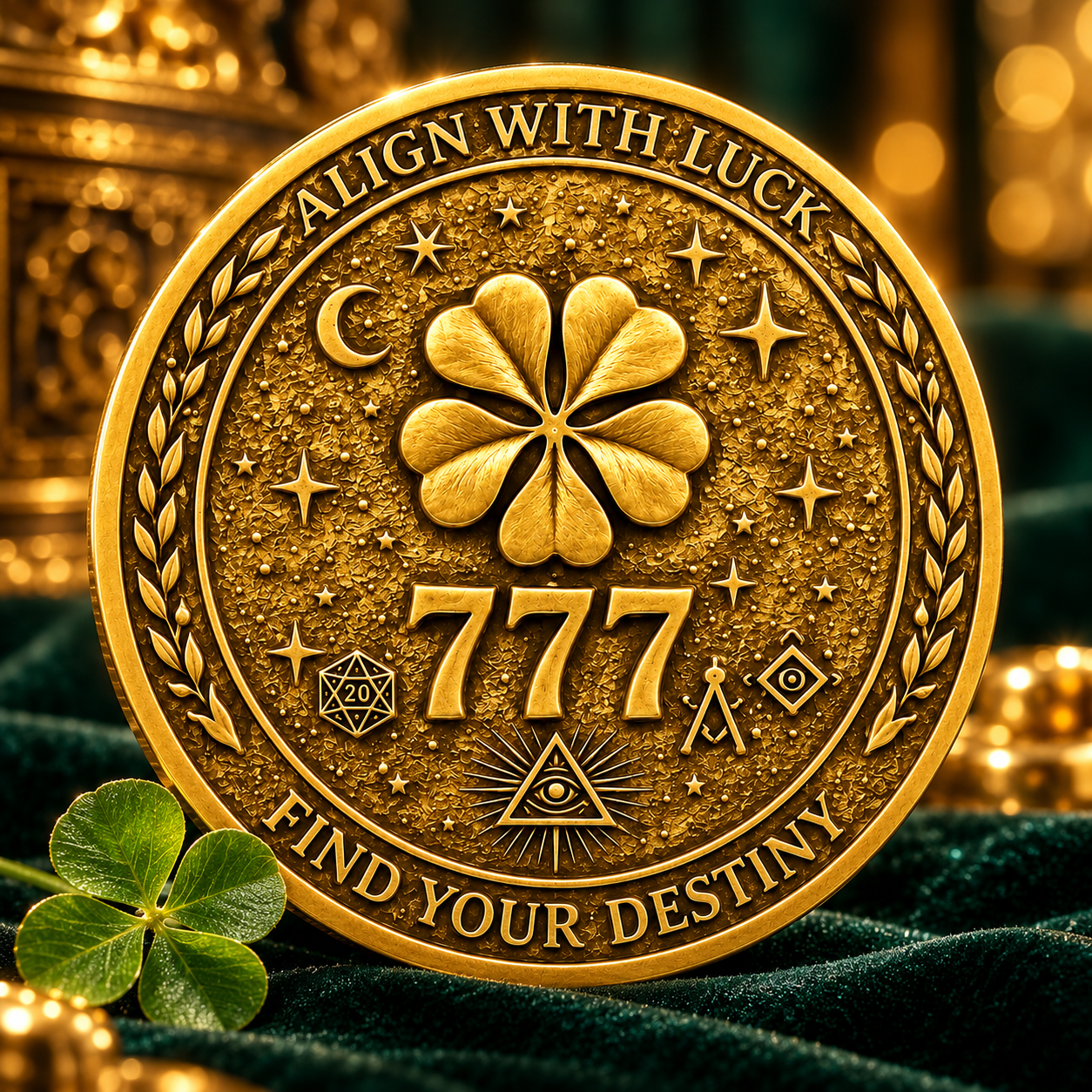 Gold-tone 777 coin displayed against green fabric and warm lights