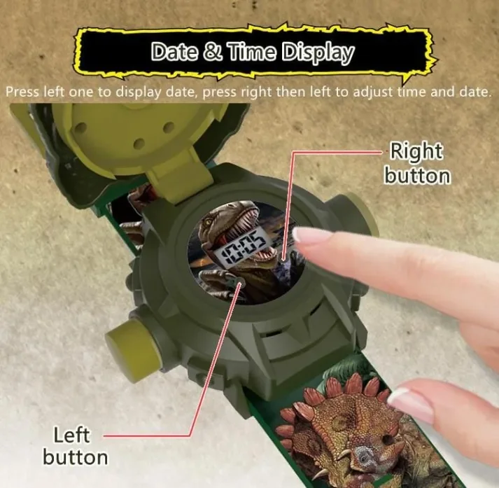 Close-up instructions for setting the time and date on the dinosaur watch