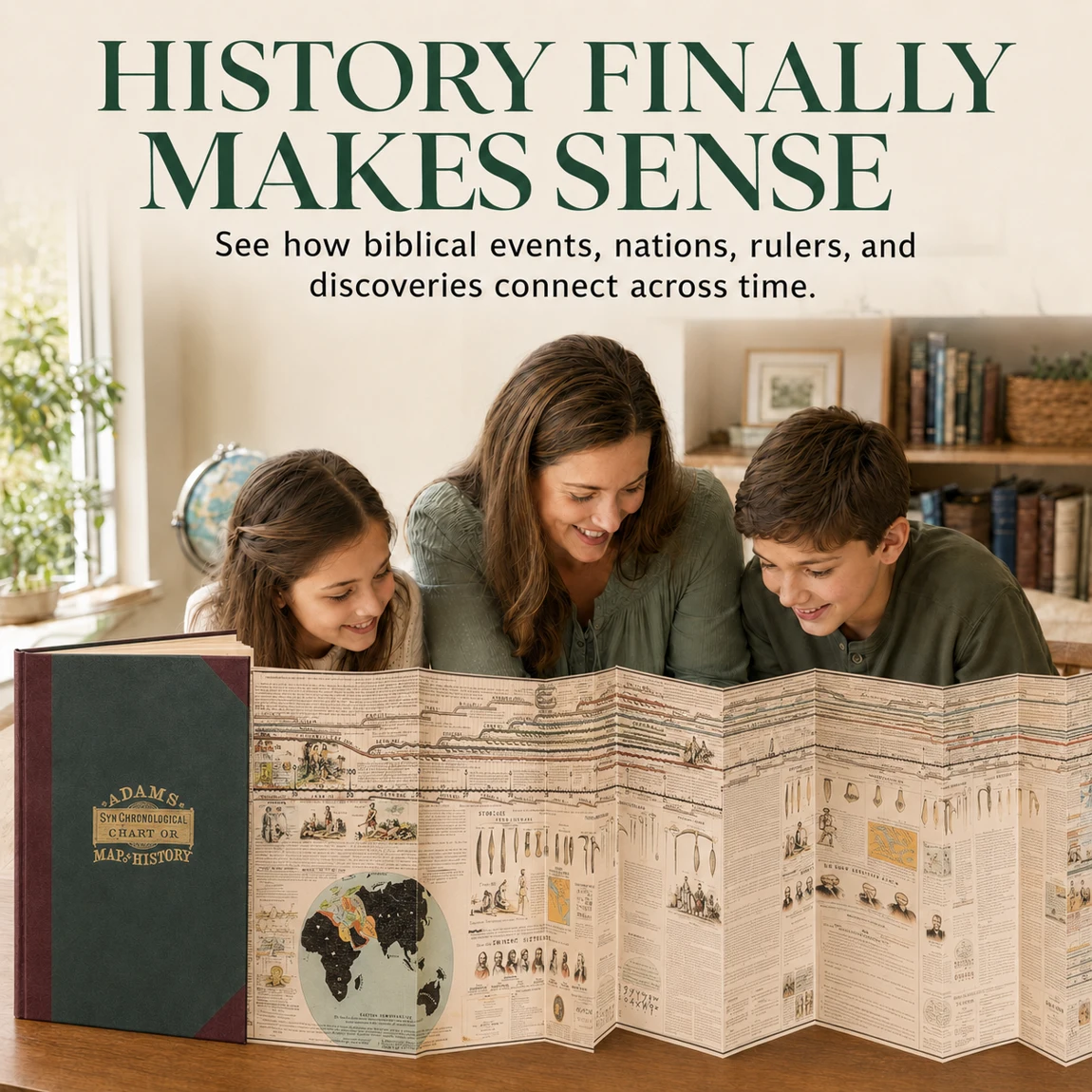 Family exploring the illustrated historical timeline together