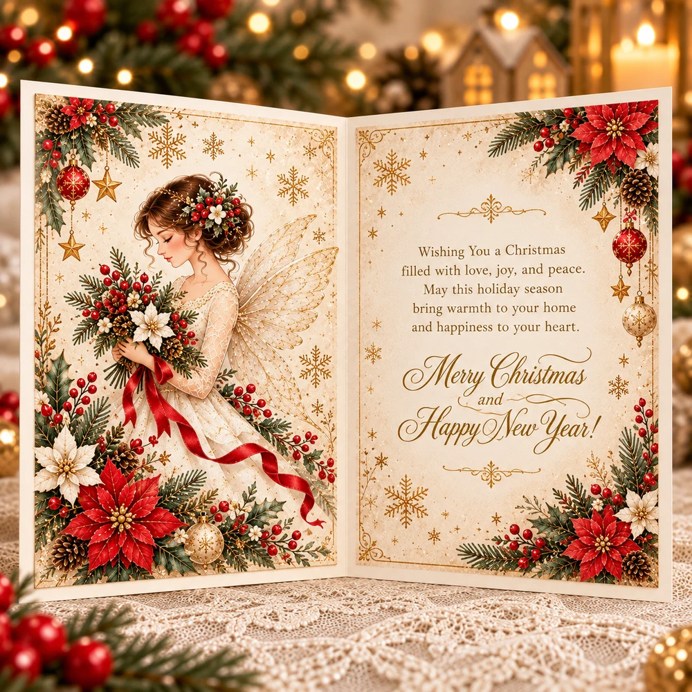 Open Christmas angel greeting card showing decorative artwork and printed holiday greeting