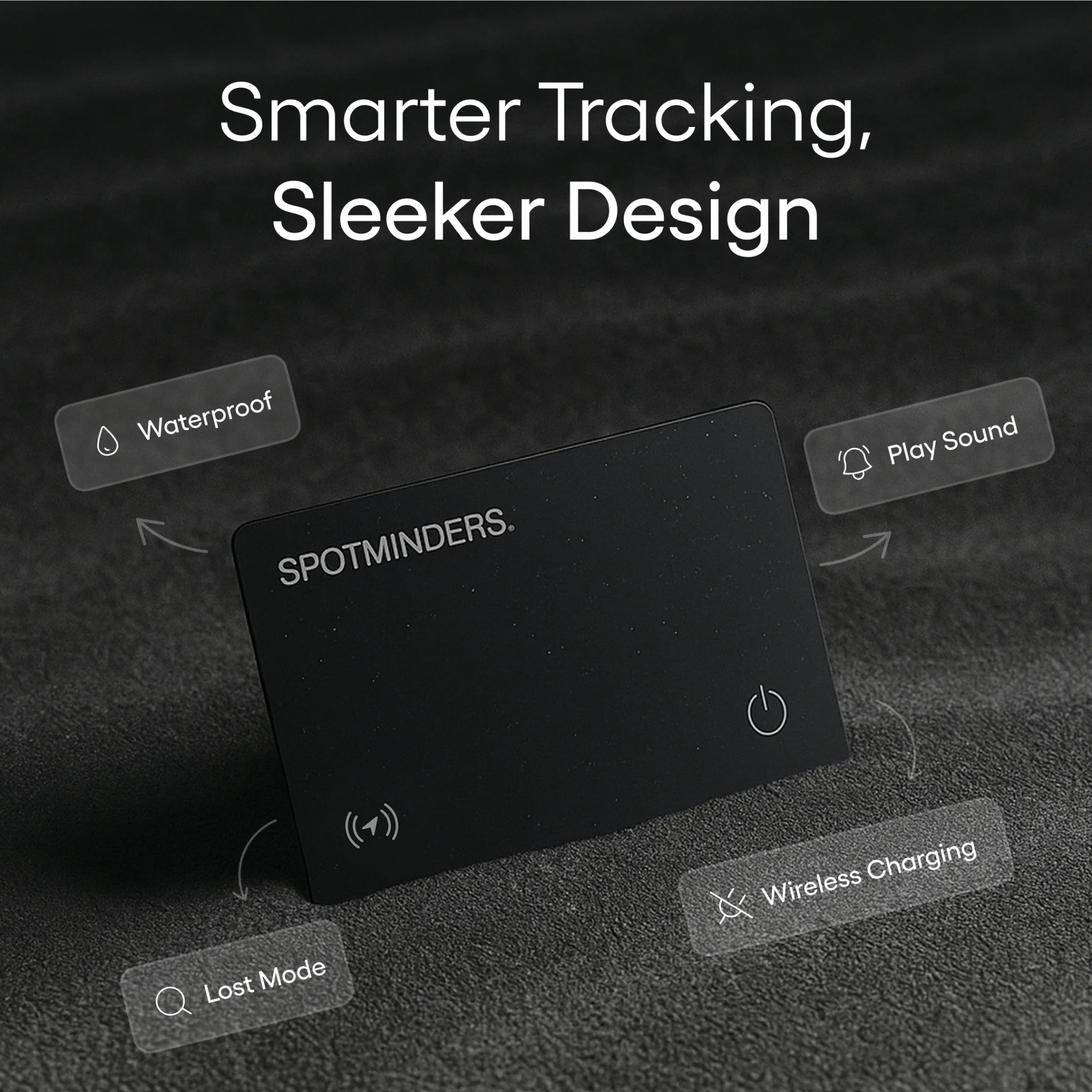 Spotminders card feature overview including Lost Mode, Play Sound and water resistance
