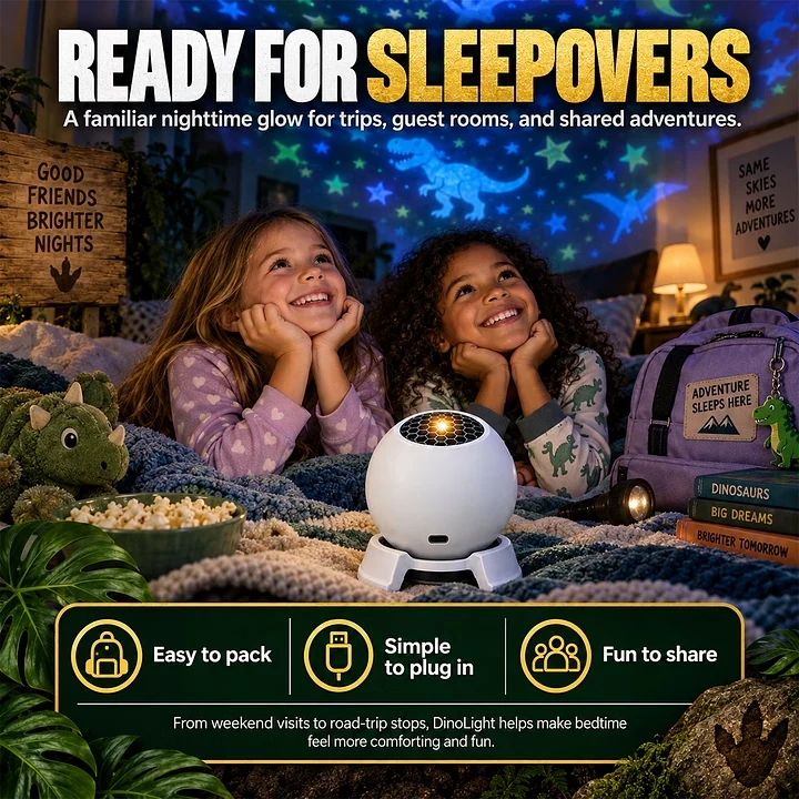 Children enjoying dinosaur-themed light during a sleepover
