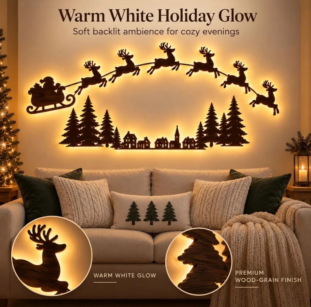 Warm white holiday glow with wood grain reindeer sleigh wall decor
