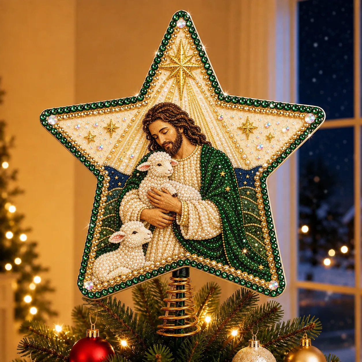 Jesus The Good Shepherd pearl diamond art Christmas tree topper