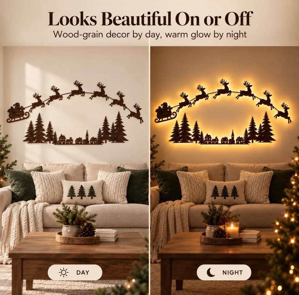 Reindeer sleigh wall decor showing beautiful day and night display