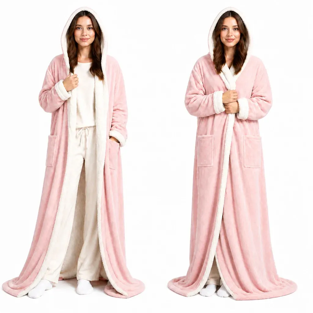 Pink oversized hooded wearable blanket robe, shown from two angles