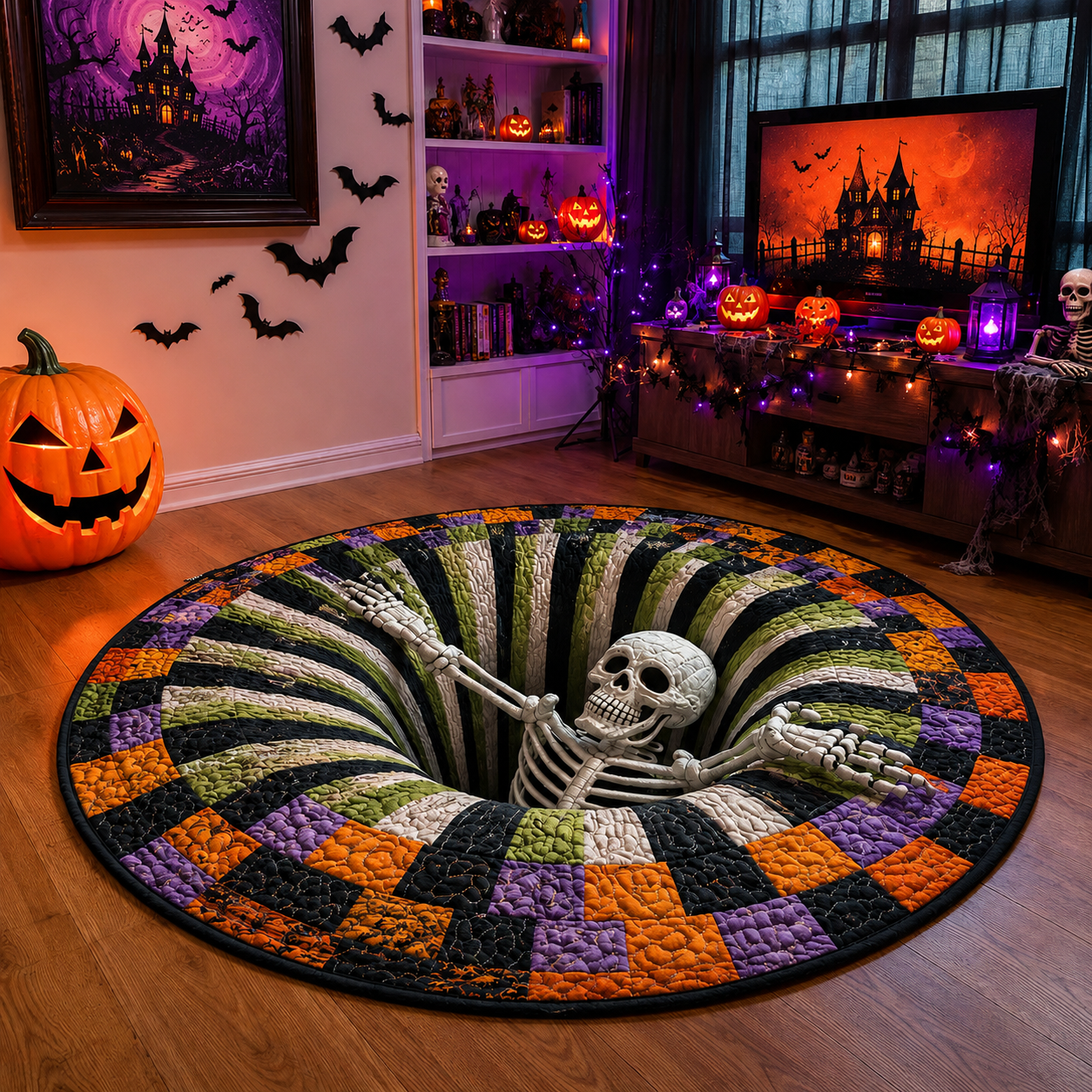 💀3D Skeleton Vortex Quilted Round Halloween Rug💀