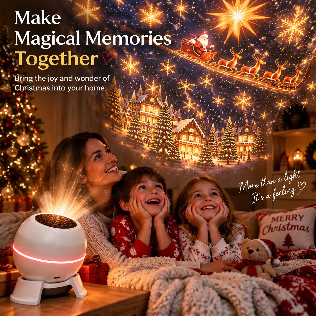 Family enjoying the magical glow of a Christmas projector