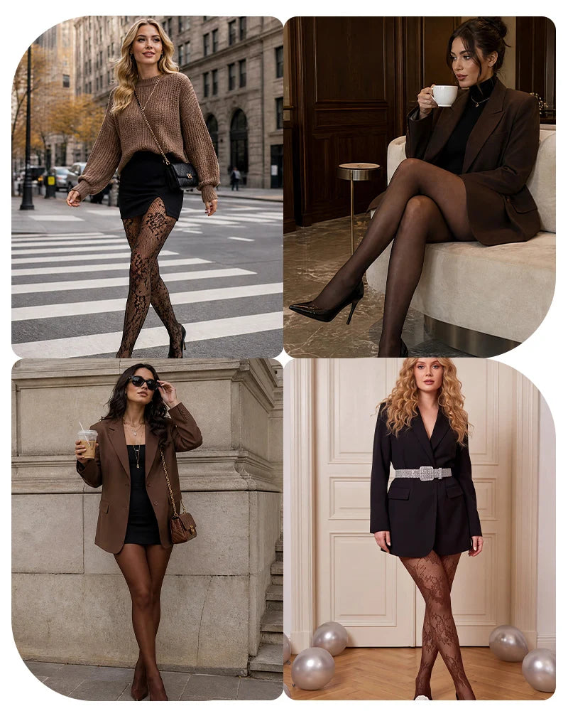 Outfit inspiration showing floral tights styled with skirts and dresses