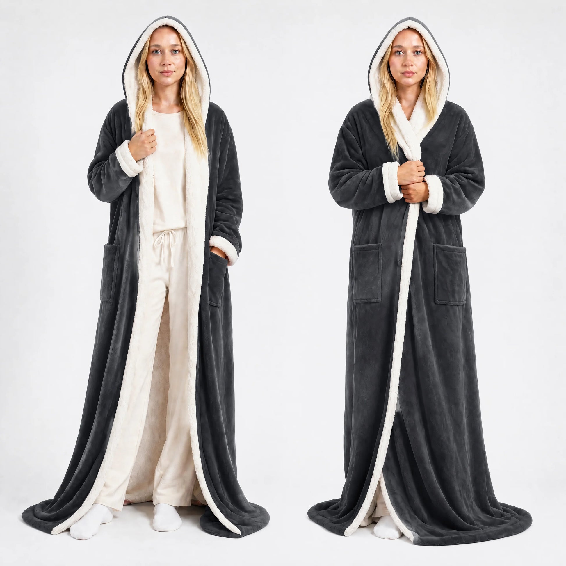 Dark charcoal full-length hooded blanket robe