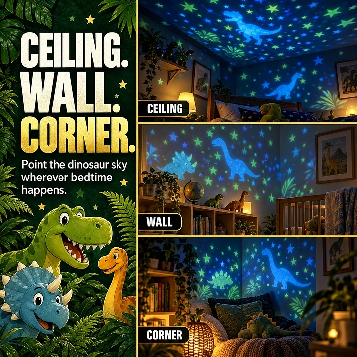 Dinosaur theme projected onto a ceiling, wall and corner