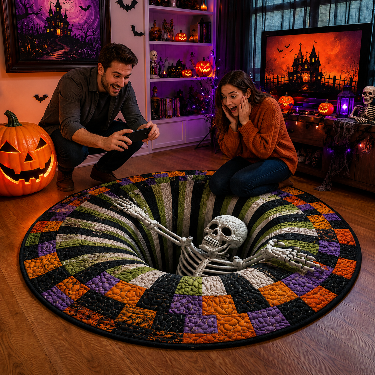 Skeleton emerging from the center of the Halloween vortex mat design