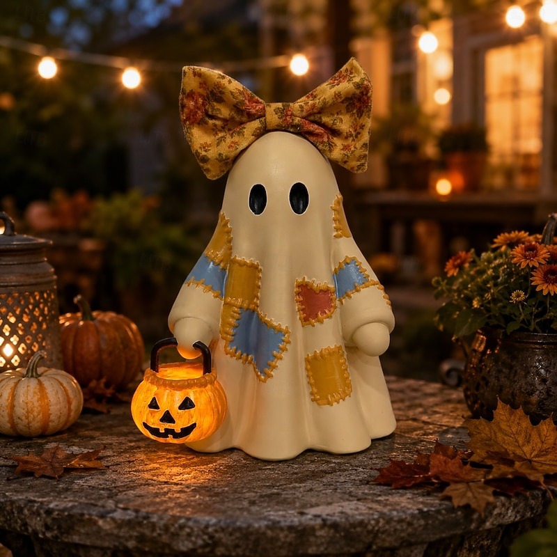 🎃 Cozy Patchwork Ghost with Pumpkin Lantern – Light-Up Halloween Table Decor 👻