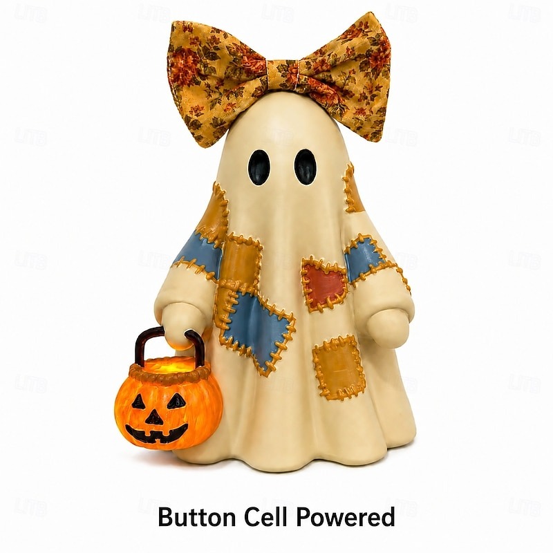 🎃 Cozy Patchwork Ghost with Pumpkin Lantern – Light-Up Halloween Table Decor 👻