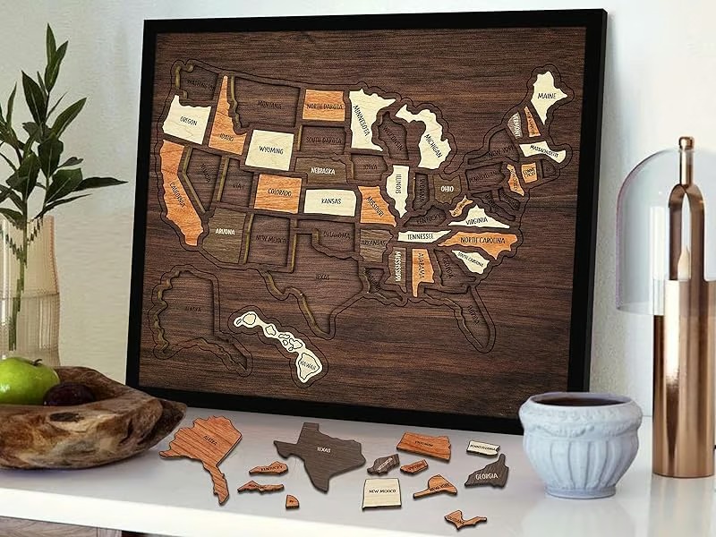 🔥Last Day 49% OFF -🇺🇸 Wooden USA Travel Map Puzzle🧩A Stylish Way to Track Your Journey