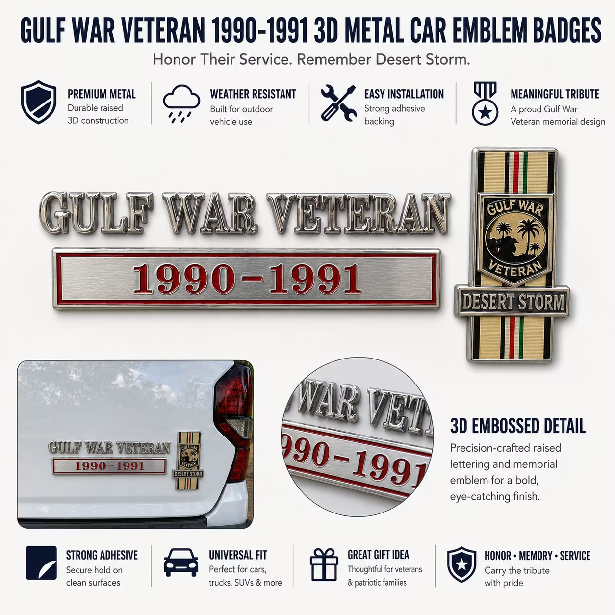 Gulf War Veteran 1990–1991 Desert Storm Car Emblem Metal Badge