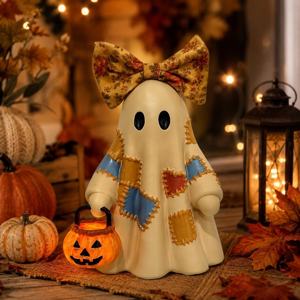 🎃 Cozy Patchwork Ghost with Pumpkin Lantern – Light-Up Halloween Table Decor 👻
