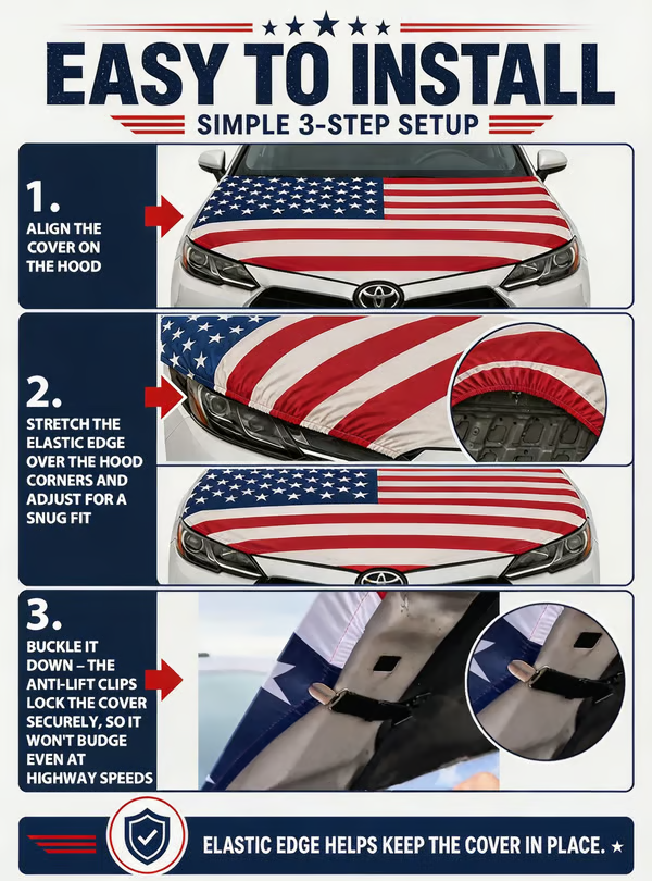 🇺🇸 Paint‑Safe American Hood Flag Cover – Secure Buckle Design for Highway‑Stable Driving🔥Fits Most Cars, SUVs, &Trucks🦅【Buy 2 Free Shipping】