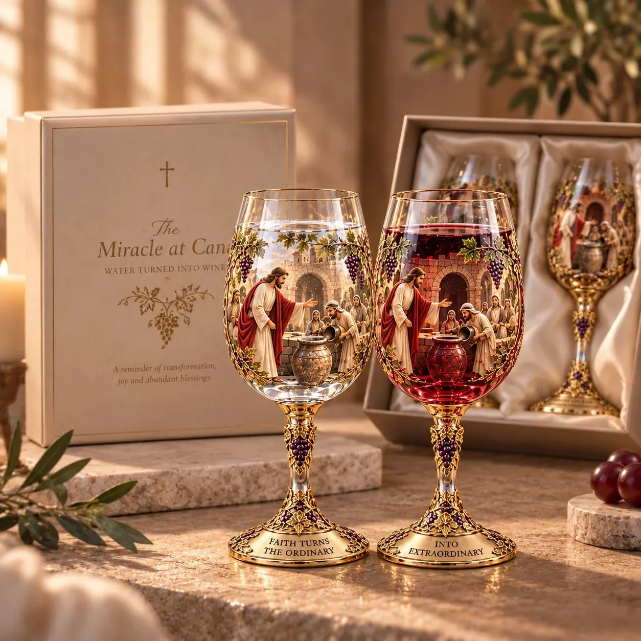 Miracle at Cana glasses with ornate gold-tone decoration, pictured in a gift setting