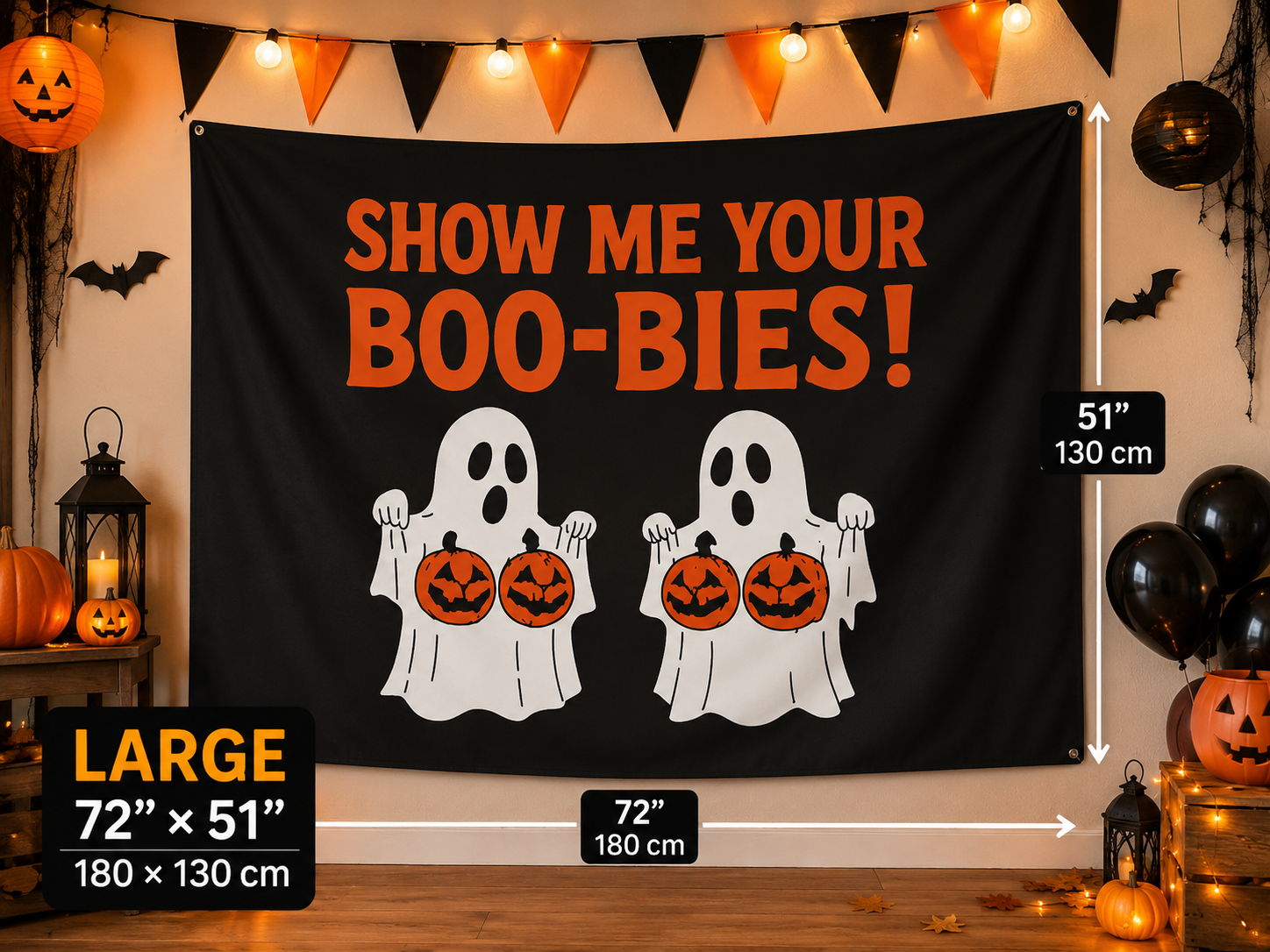 Funny Halloween Flag: "Show Me Your Boo-Bies" Garden Flag Banner Yard Decor