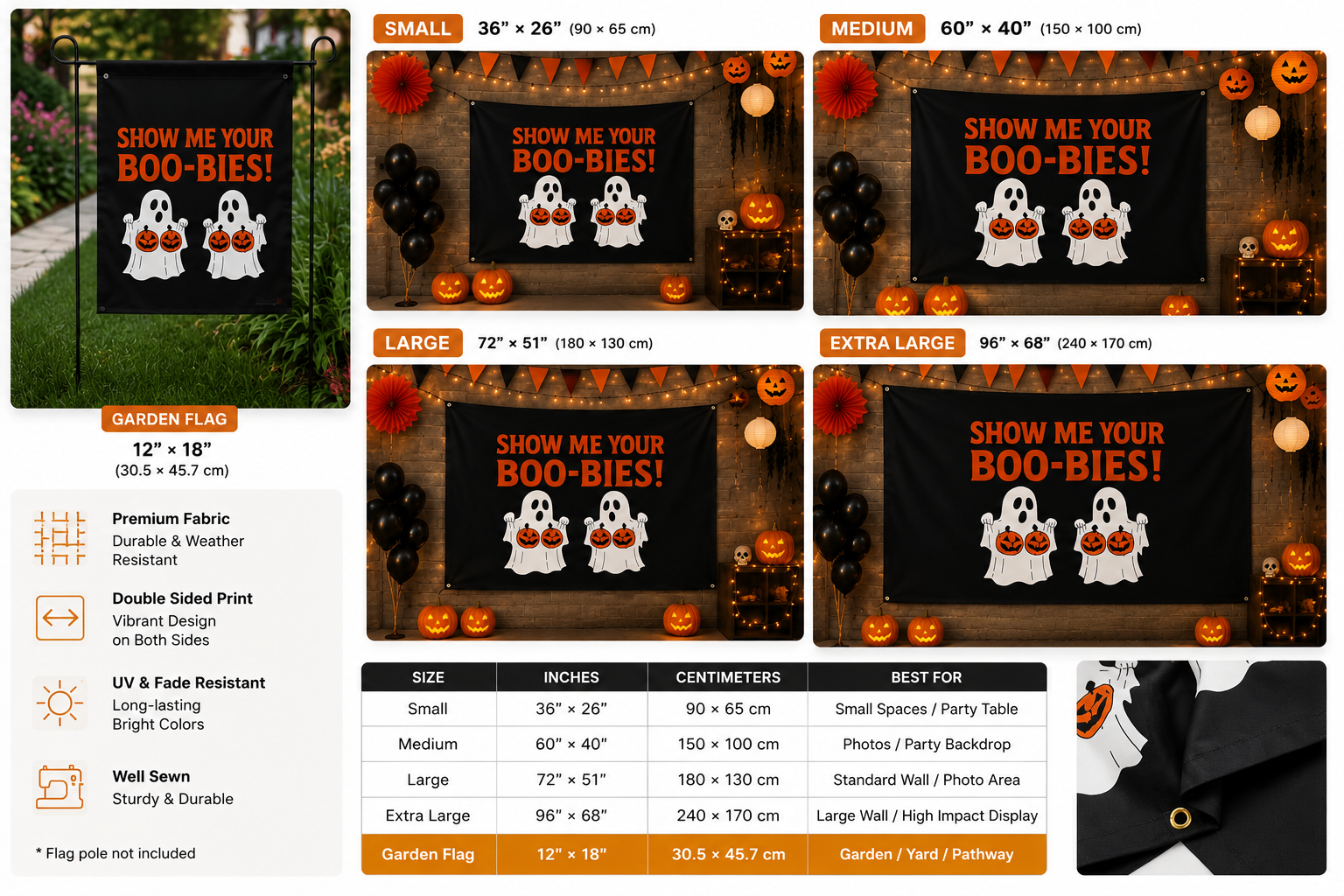 Funny Halloween Flag: "Show Me Your Boo-Bies" Garden Flag Banner Yard Decor