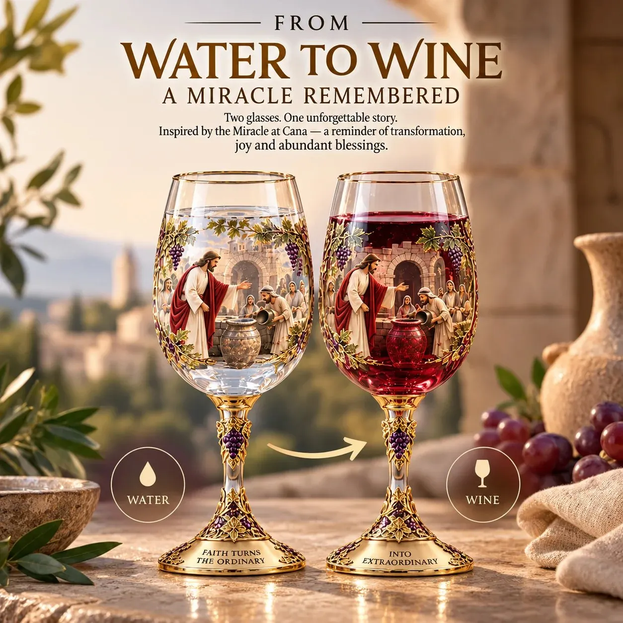 Matching water-inspired and wine-inspired Miracle at Cana glasses