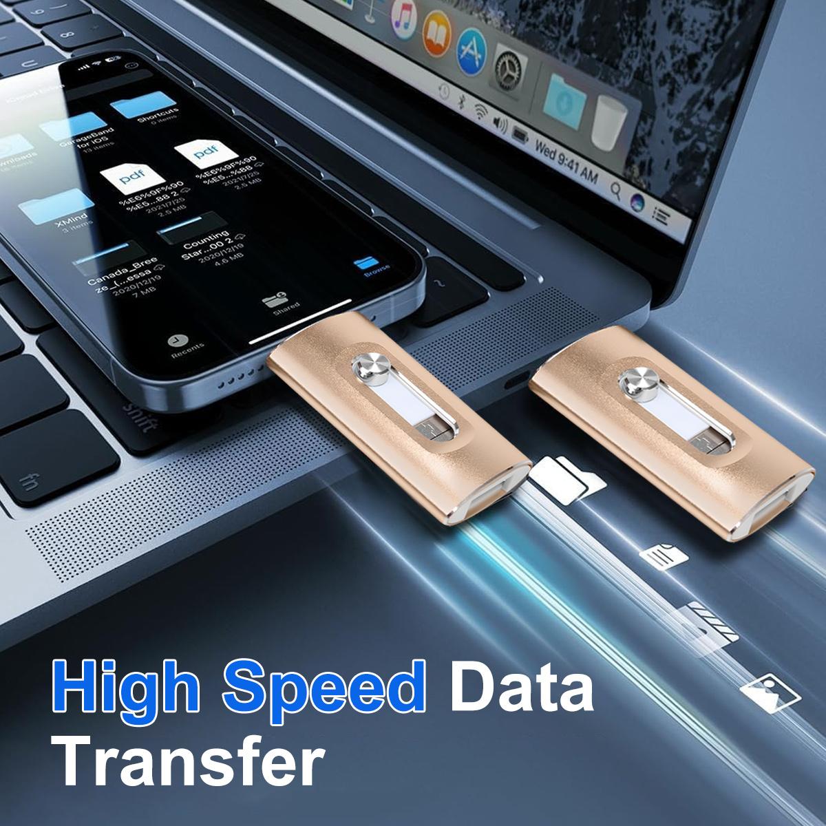 4-in-1 Flash Drive MFi Certified 128GB/64GB Portable USB OTG Memory Stick for iPhone iOS(Need app) Android PC with Type-C Adapter High-Speed Data Transfer