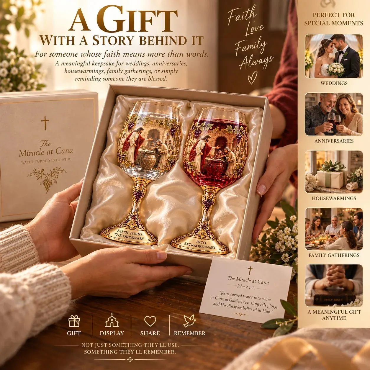 Matching Cana glasses presented in a faith-inspired gift scene