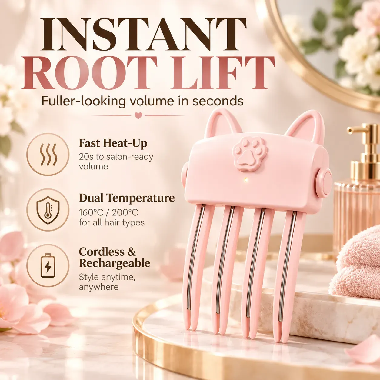 Pink cat-paw root volumizing heated comb with root-lift features