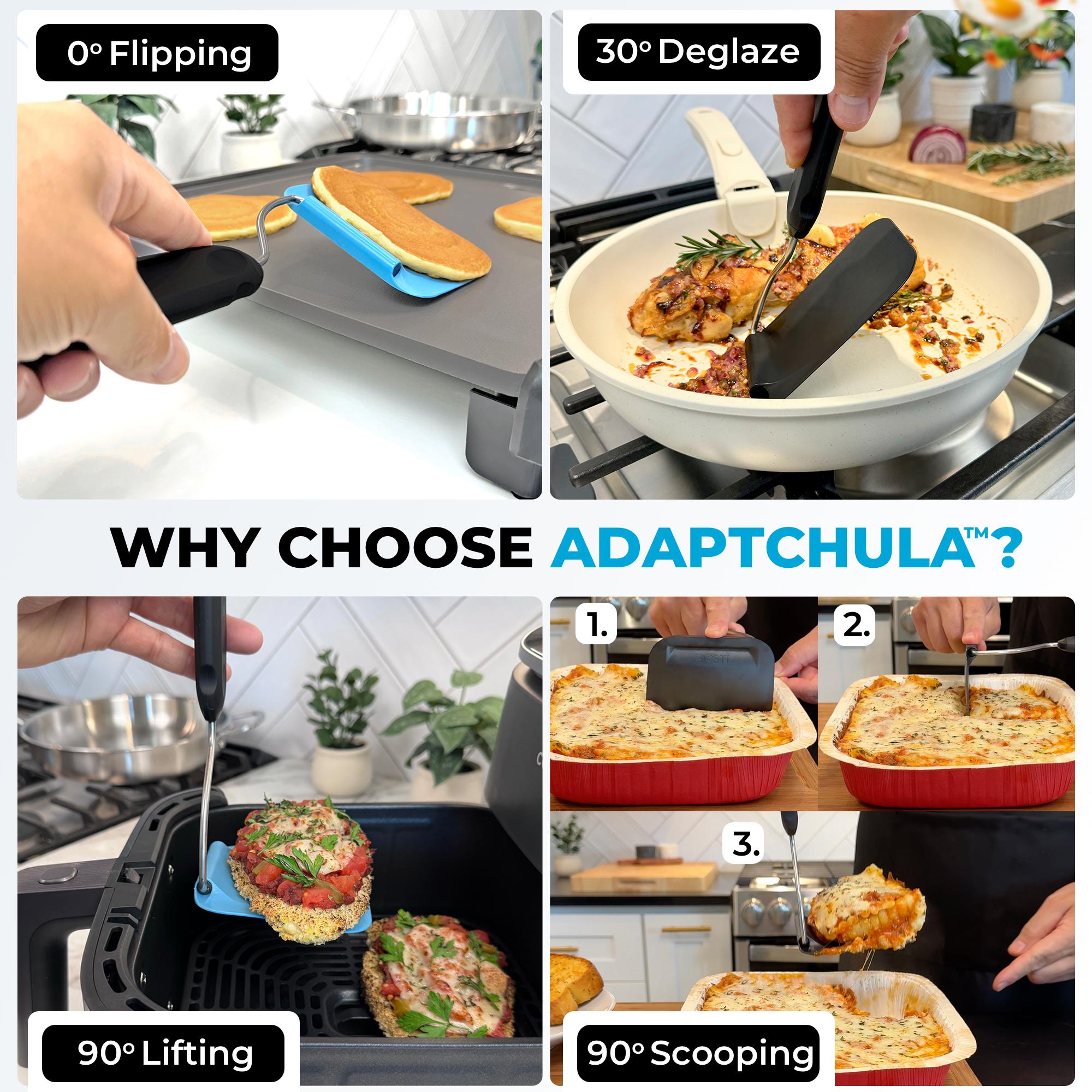 Adaptchula&trade; - Spatula with adjustable angles, a must have kitchen gadget!  Kitchen accessories should serve a purpose!  Perfect for Air Fryers, griddles and everything in-between! Includes 2 Spatula heads made from PPSU - BPA/BPS and PFAS free.  Non-Toxic