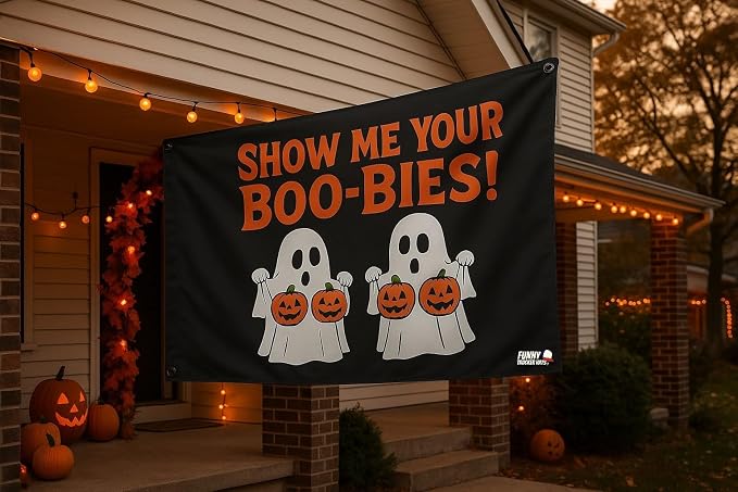 Funny Halloween Flag: "Show Me Your Boo-Bies" Garden Flag Banner Yard Decor