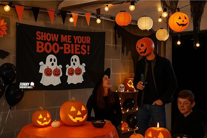 Funny Halloween Flag: "Show Me Your Boo-Bies" Garden Flag Banner Yard Decor