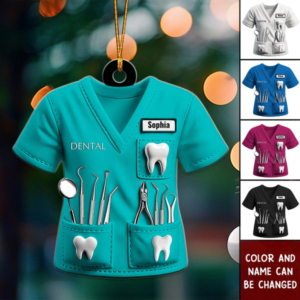 Personalized dental uniform ornament with a custom name and illustrated dental tools