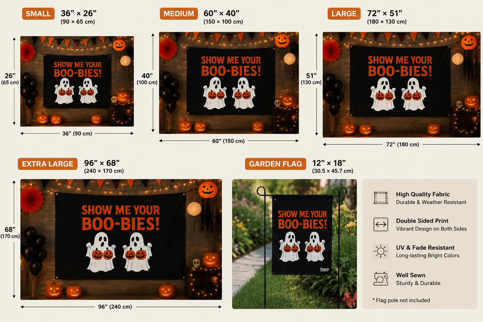 Funny Halloween Flag: "Show Me Your Boo-Bies" Garden Flag Banner Yard Decor