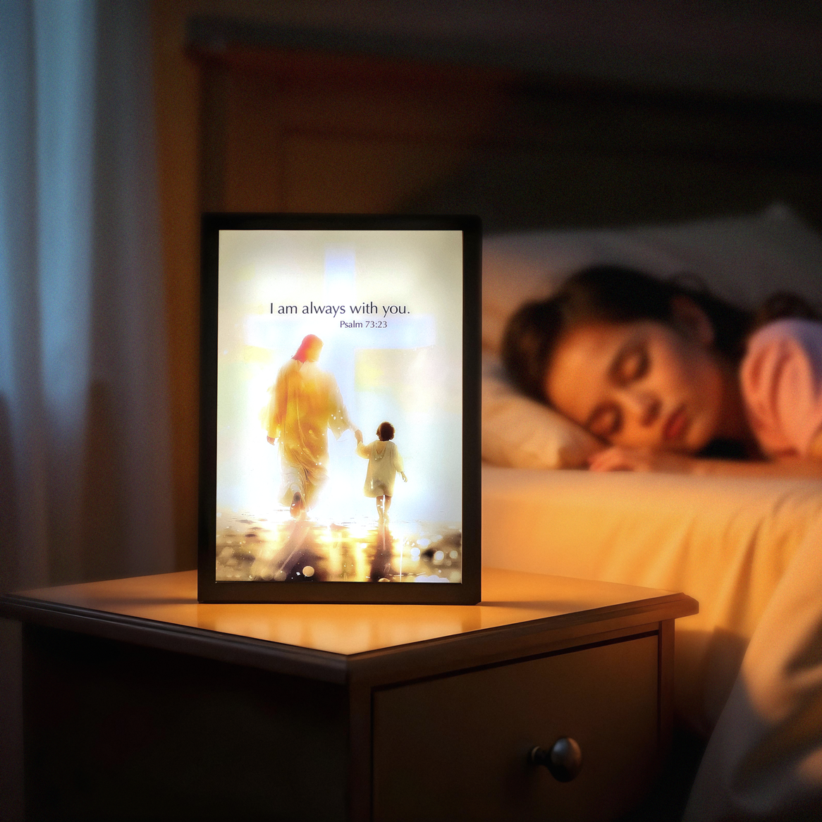 Jesus lamp providing a gentle bedside glow
