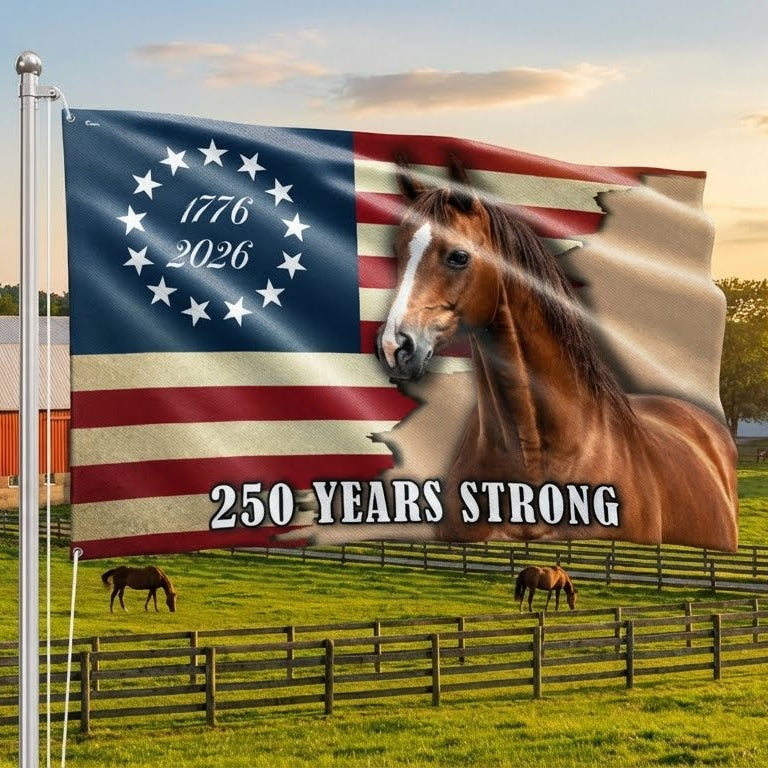 Horse American Flag 250 Years Strong for Rustic Decor Grommet Flag