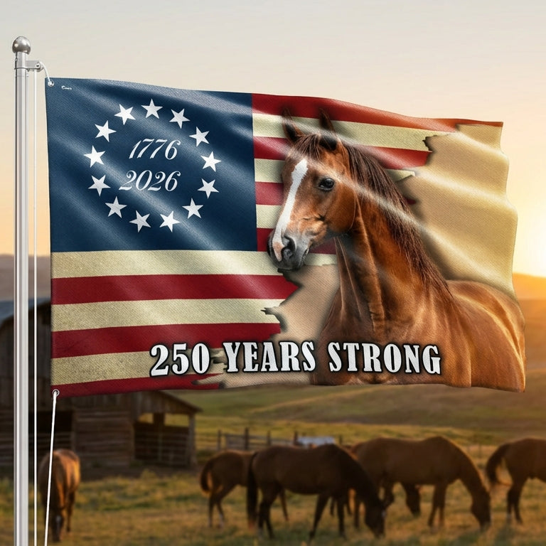 Horse American Flag 250 Years Strong for Rustic Decor Grommet Flag
