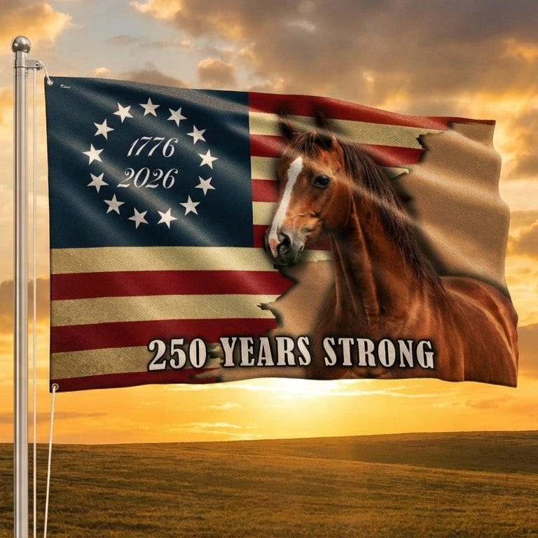 Horse American Flag 250 Years Strong for Rustic Decor Grommet Flag