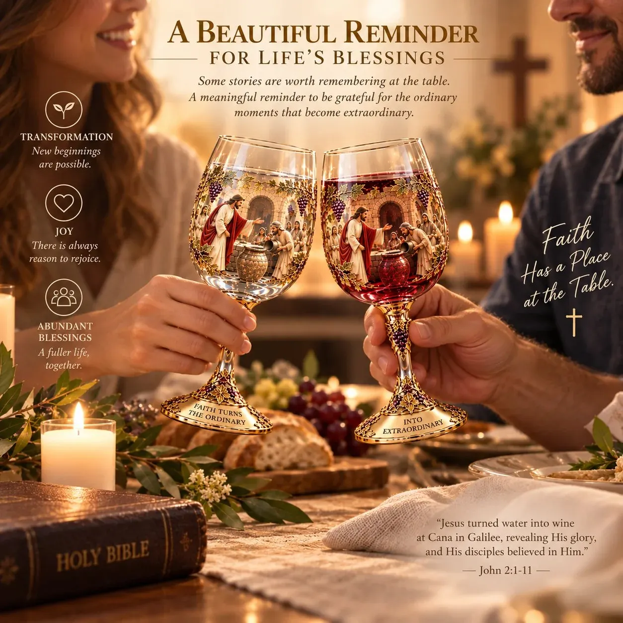 Miracle at Cana glass set styled for a shared meal