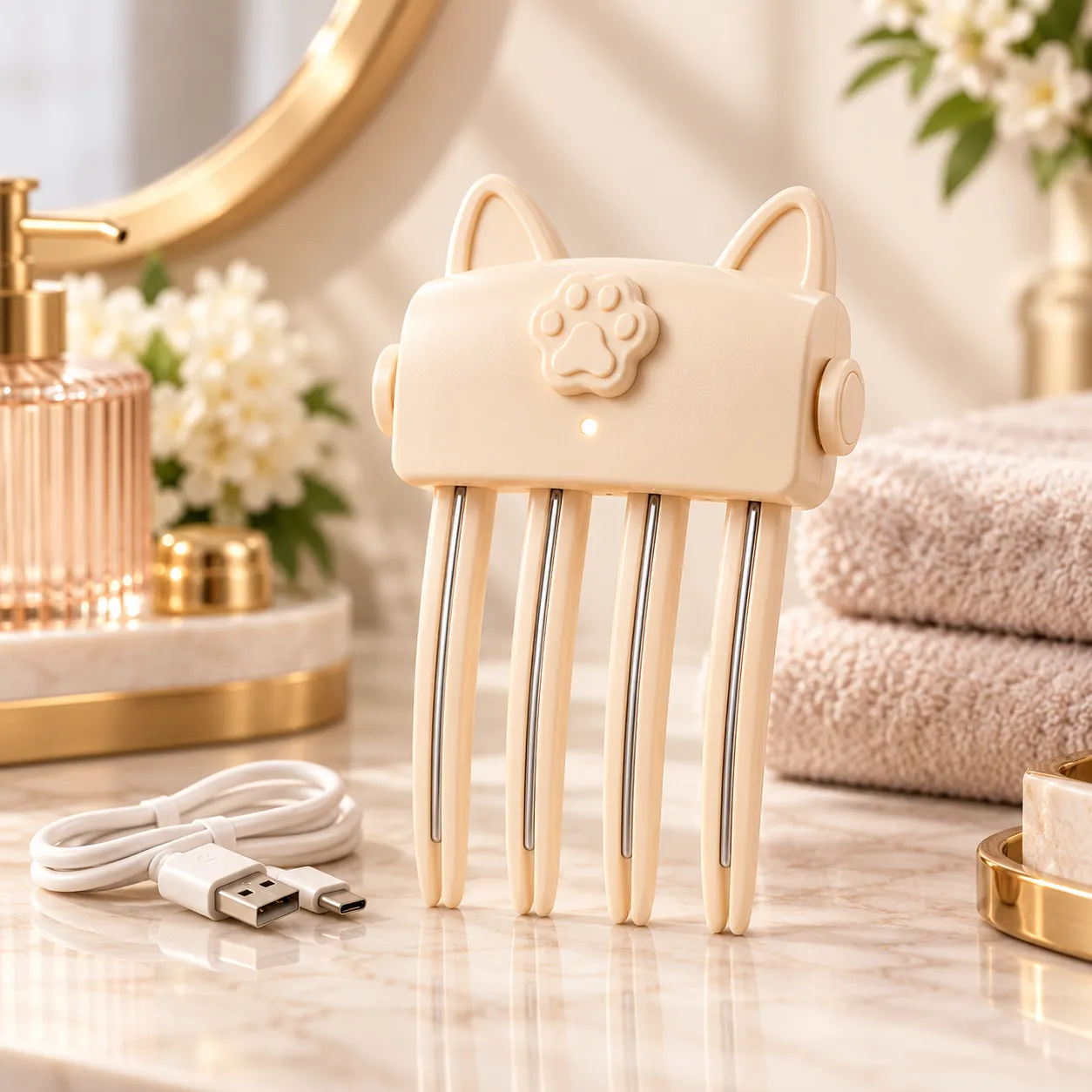 Beige cat-paw heated root volumizing comb next to a USB charging cable
