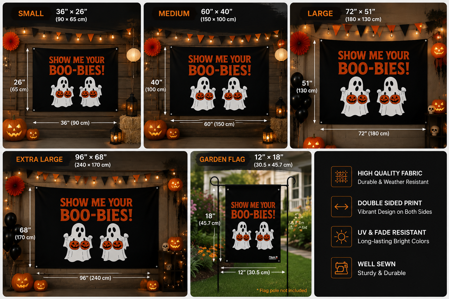 Funny Halloween Flag: "Show Me Your Boo-Bies" Garden Flag Banner Yard Decor
