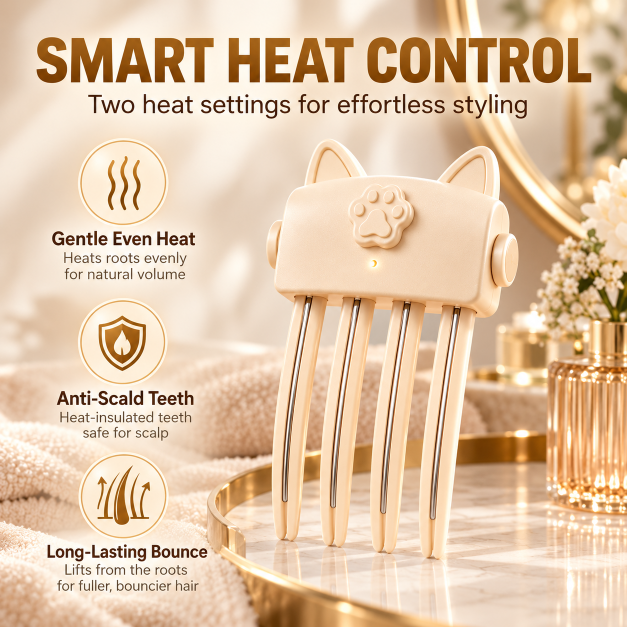 Heated volumizing comb with two temperature settings and product features