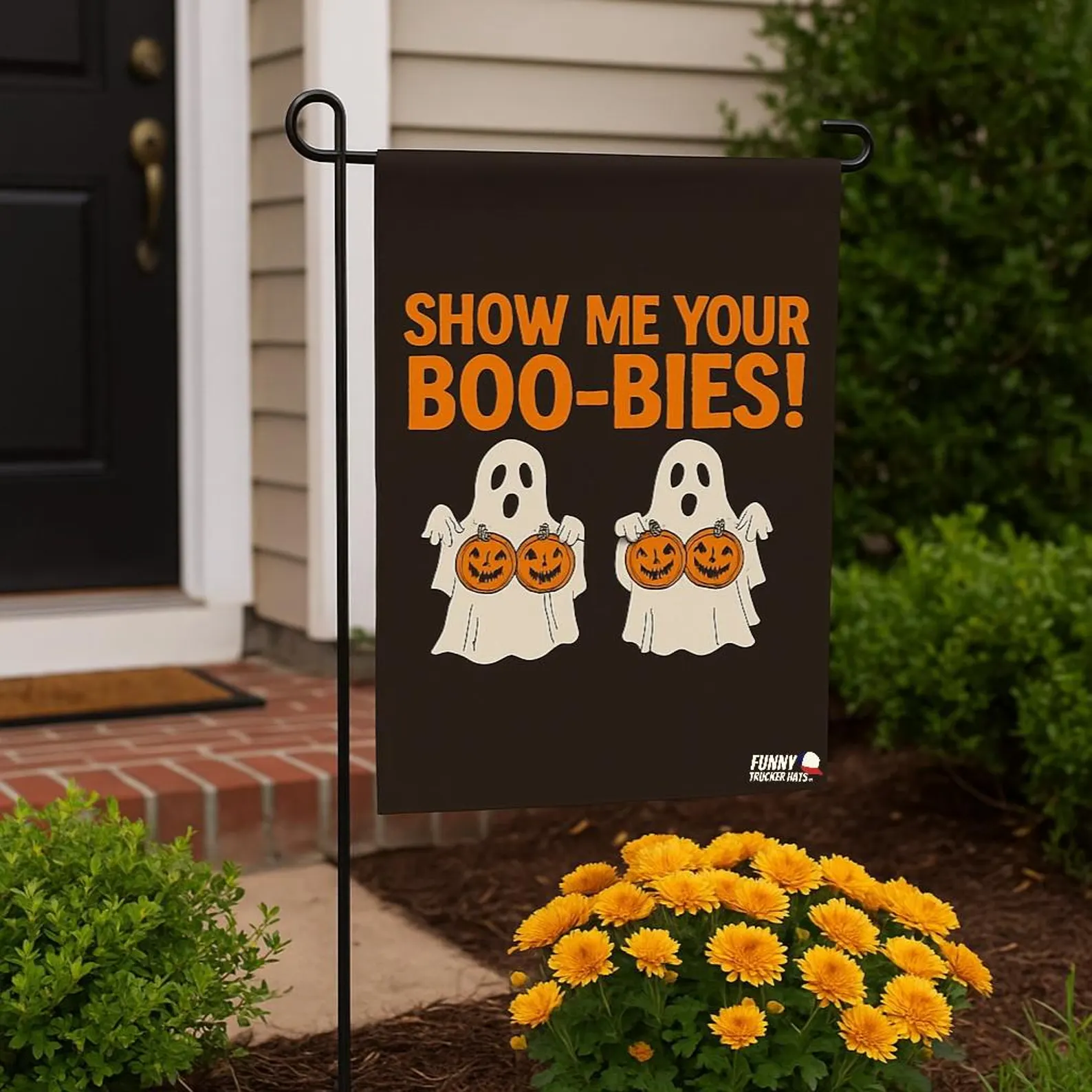 Funny Halloween Flag: "Show Me Your Boo-Bies" Garden Flag Banner Yard Decor