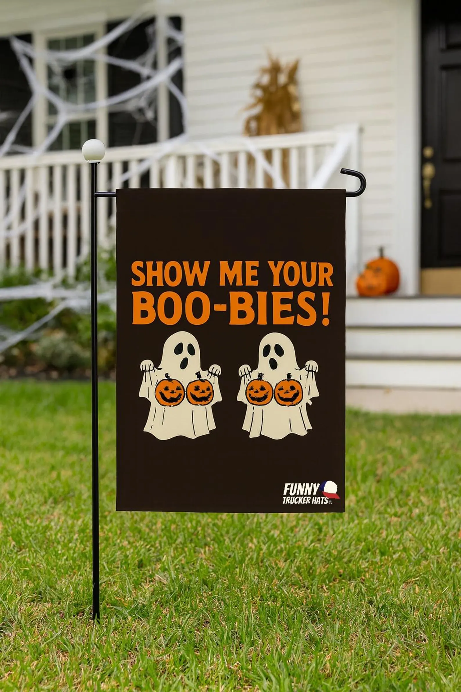 Funny Halloween Flag: "Show Me Your Boo-Bies" Garden Flag Banner Yard Decor