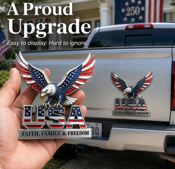 USA 250th Anniversary Metal Emblem – Faith, Family & Freedom Patriotic Car Badge